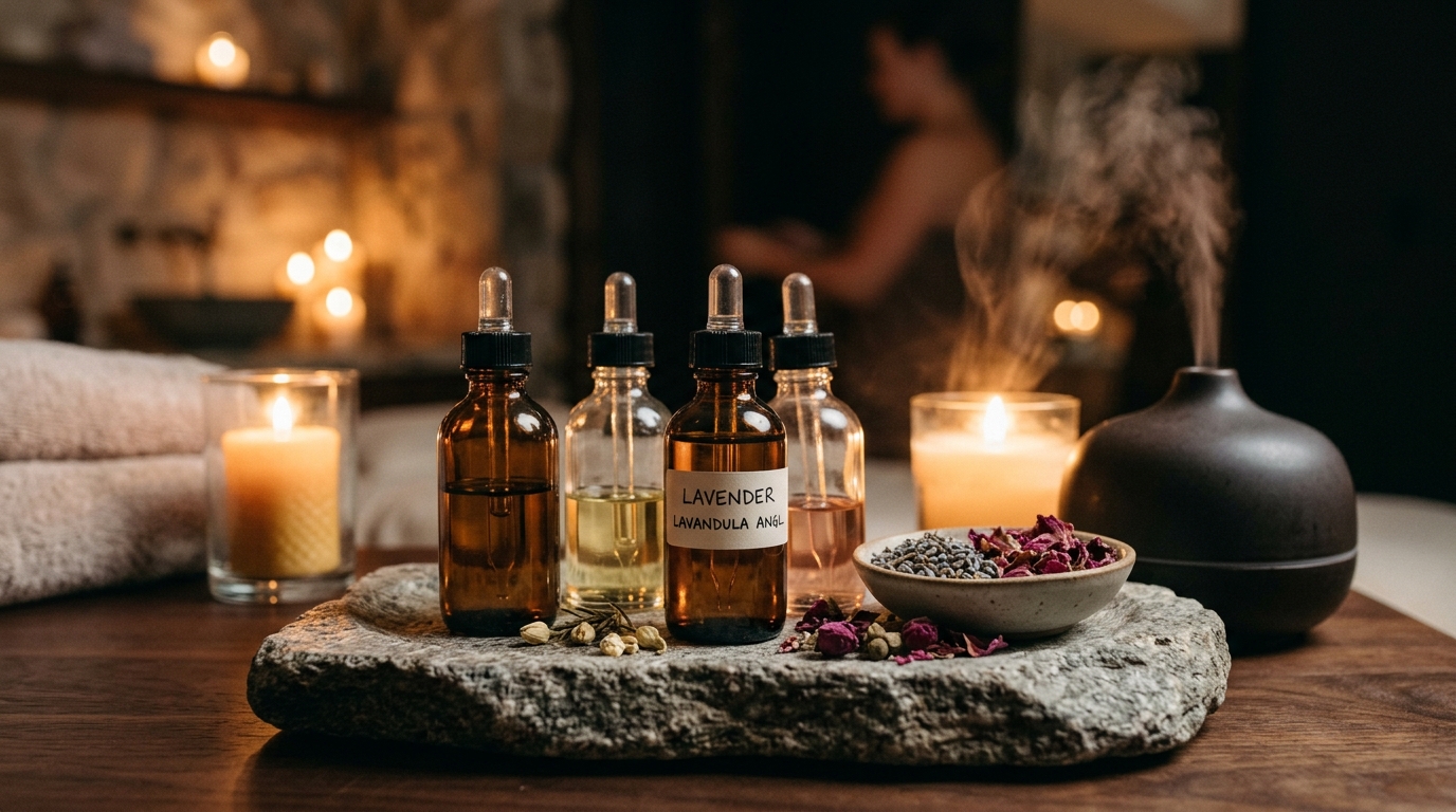 Essential botanical oil dropper vials and candles