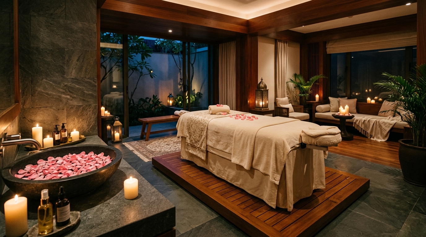 Treatment suite with warm candlelight and rose petals