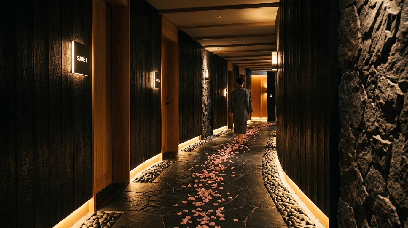 Moody ambient spa corridor with recessed floor illumination